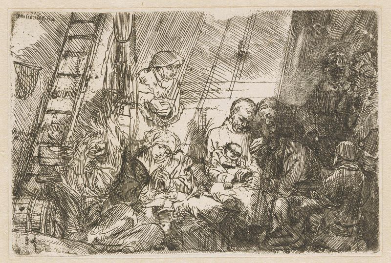 A Circuncisão no Estábulo, gravura de Rembrandt van Rijn, retratando um ritual religioso com luz de vela.
