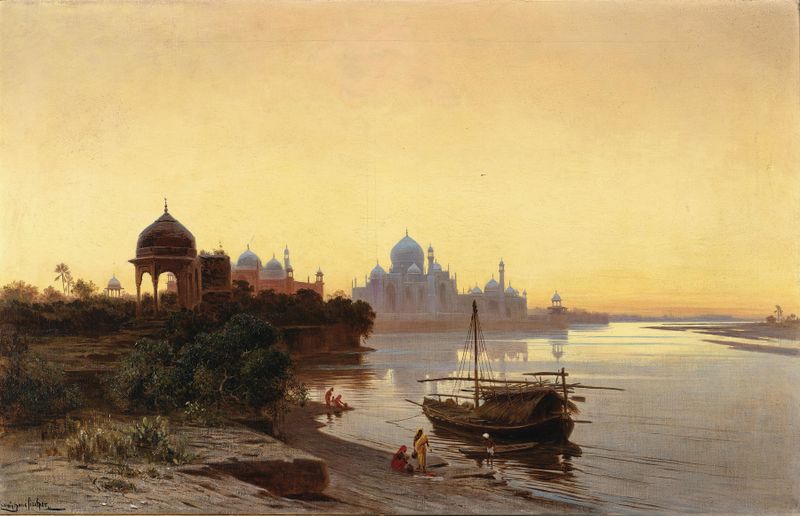 Oil on canvas by Ludwig Hans Fischer depicting the Taj Mahal at dusk