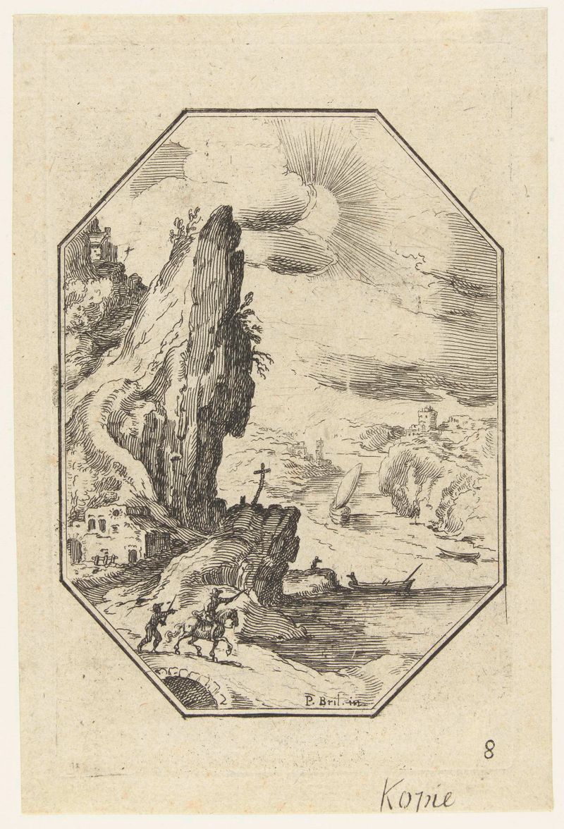 Landschap met ruiter in octagonaal kader, grabado de Unknown Artist