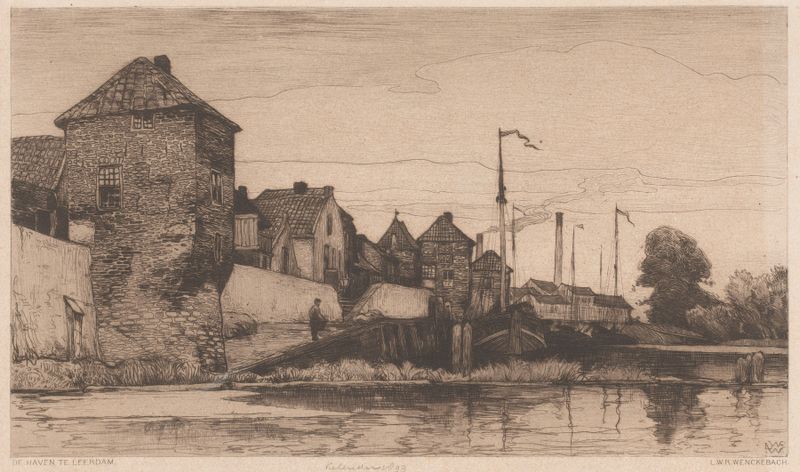 Paisaje de un puerto con un puente, pintura al óleo de Willem Wenckebach