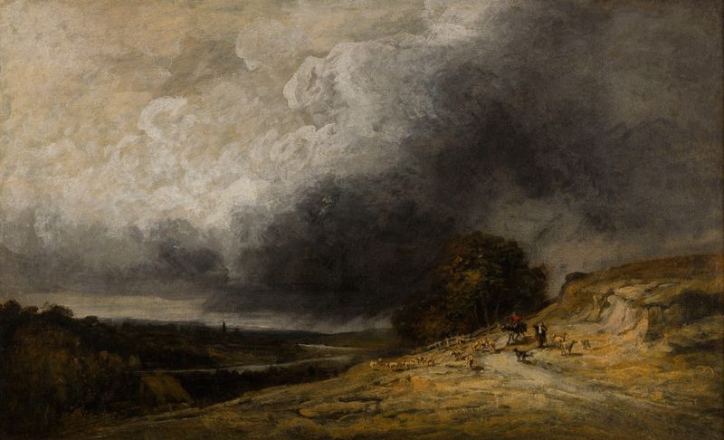 Troupeau sous l’orage de Georges Michel, óleo sobre tela que mostra ovelhas sob um céu tempestuoso.
