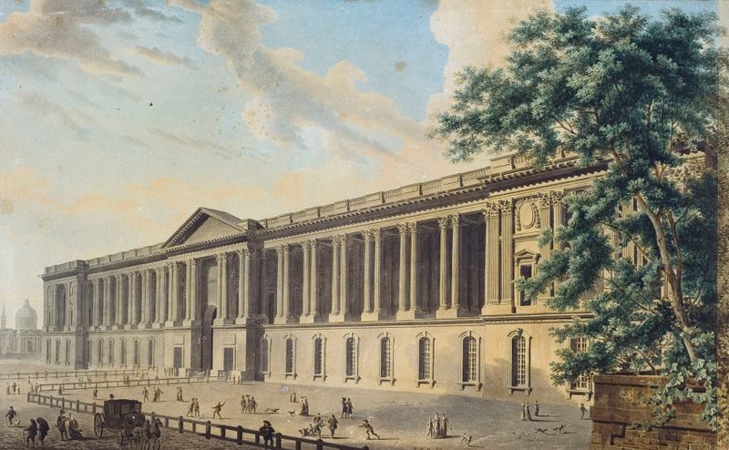 La colonnade du Louvre de Louis-Pierre Baltard, óleo sobre lienzo, con columnas elegantes y sombras.