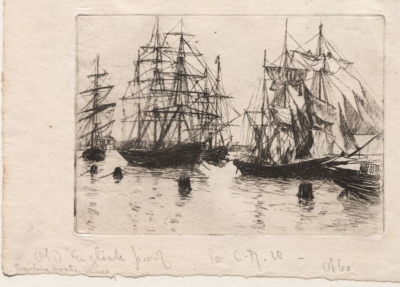 Sailing Boats, Venice by Otto Henry Bacher, oil painting of boats on a lagoon with sunlight.
