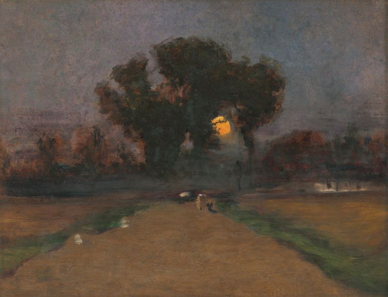 Paisaje con sol poniente, óleo sobre lienzo de Ladislav Mednyánszky, que representa un atardecer sobre el agua.