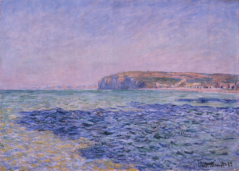 Sombras no Mar. Os Penhascos de Pourville de Claude Monet, óleo sobre tela que retrata penhascos e mar.