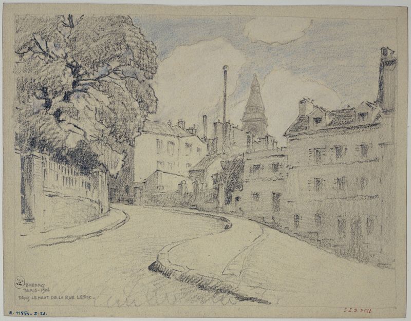 Rue Lepic à Montmartre de Ferdinand Boberg, óleo sobre tela retratando uma cena de rua ao crepúsculo.