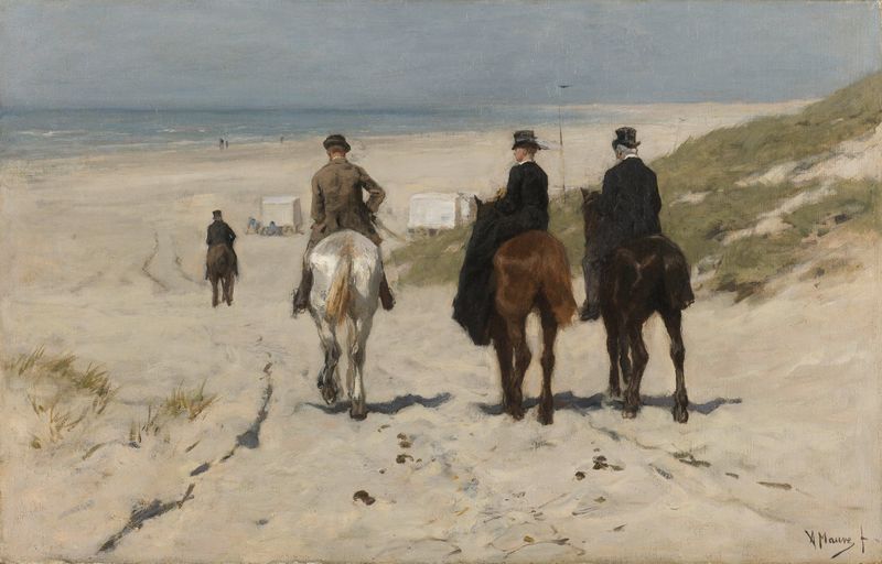 Morning Ride along the Beach by Anton Mauve, oil on canvas, depicting riders near bathing cabins