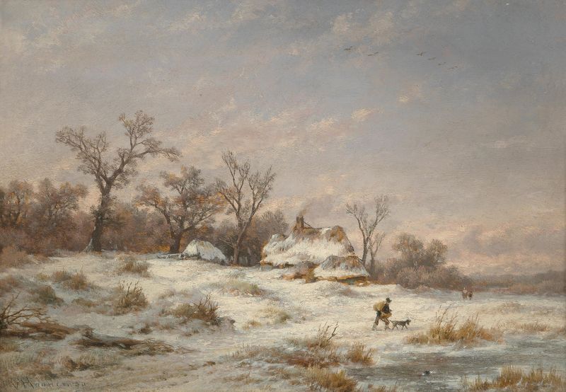 Paisaje invernal con figuras decorativas de Remigius Adrianus van Haanen, pintura al óleo