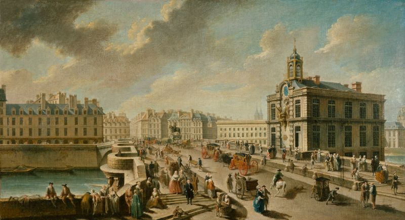 Le Pont-Neuf e a bomba de Samaritaine, óleo sobre tela de Nicolas Jean-Baptiste Raguenet