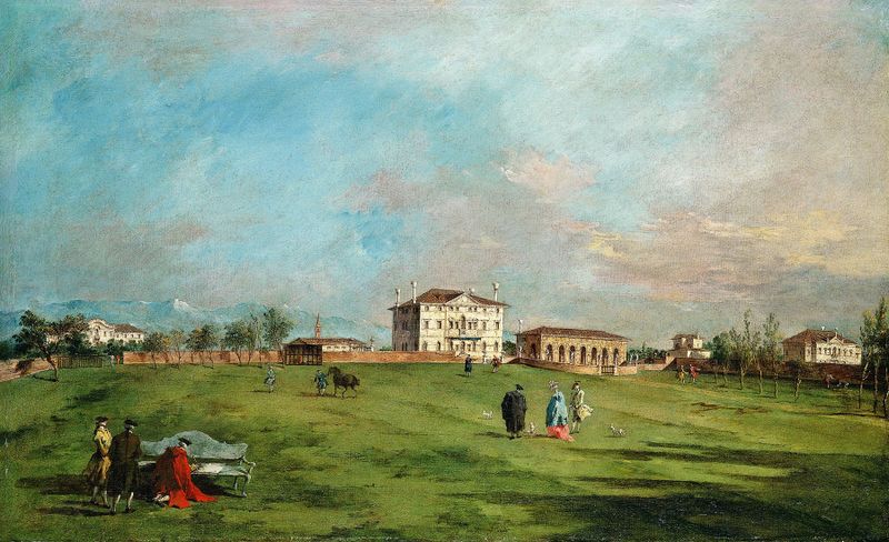 A Villa Loredan, Paese de Francesco Guardi, pintura a óleo rococó que retrata uma villa em uma paisagem serena.