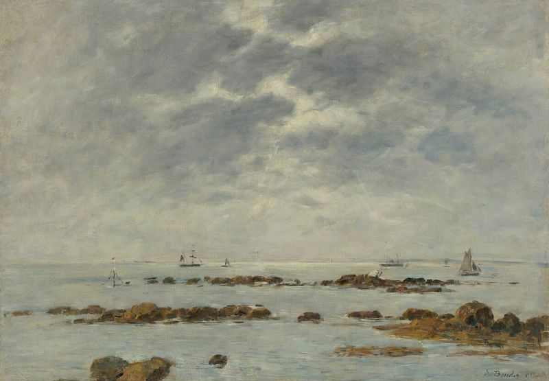 Marine À St. Vaast-La Hougue de Eugène Boudin, pintura a óleo de um porto tranquilo com barcos de pesca.