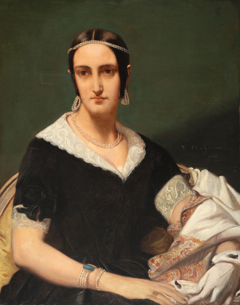 Portrait of a young woman with pearl necklaces, oil on canvas by Théodore Chassériau