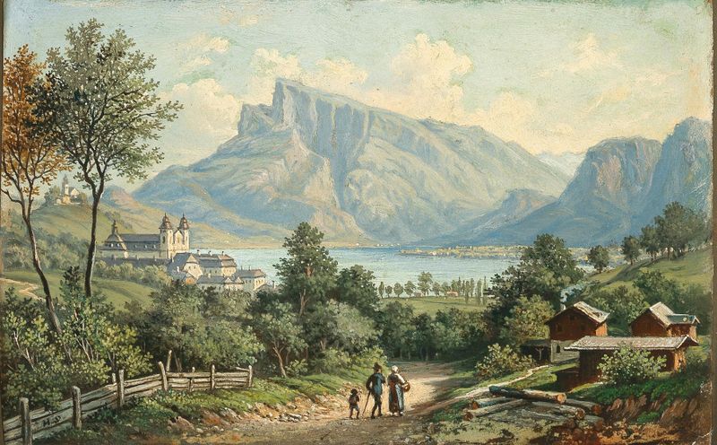 Una vista del Monasterio de Mondsee y Drachenwand, óleo sobre lienzo de Hubert Sattler