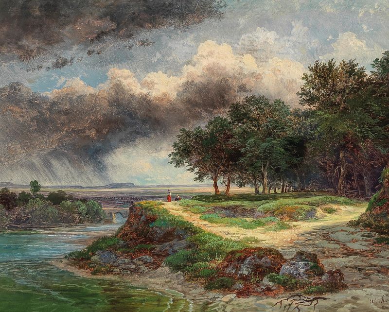 A Vast River Landscape on a Rainy Day, oil on canvas by Wilhelm Steinfeld, depicting a river under rain and mist.