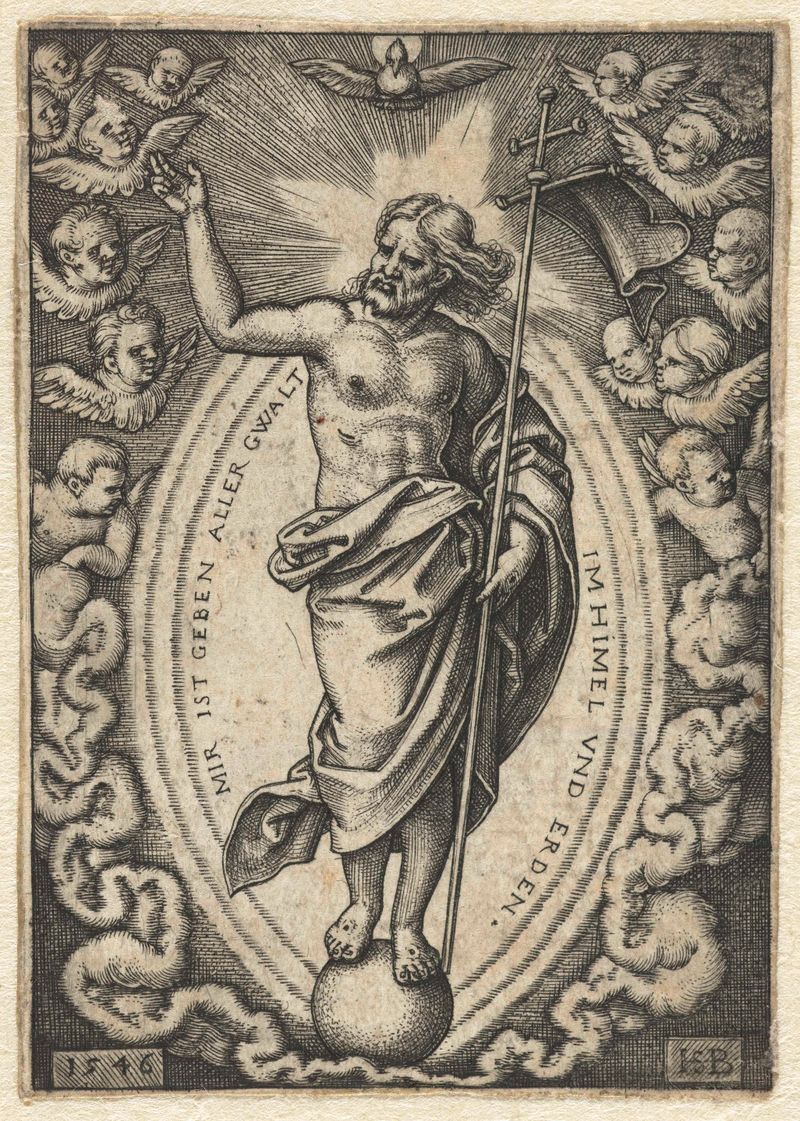 Gravura de Hans Sebald Beham mostrando Cristo em pé sobre um globo
