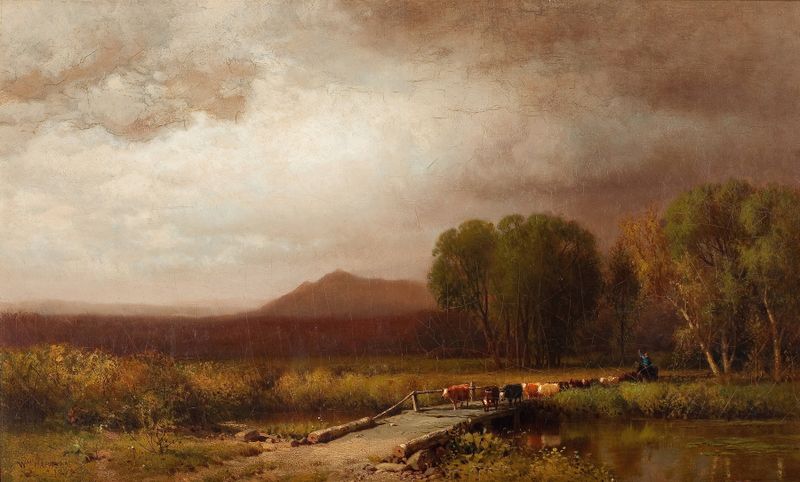 The Cattle Drive de William Hart, óleo que muestra vaqueros conduciendo ganado al atardecer.