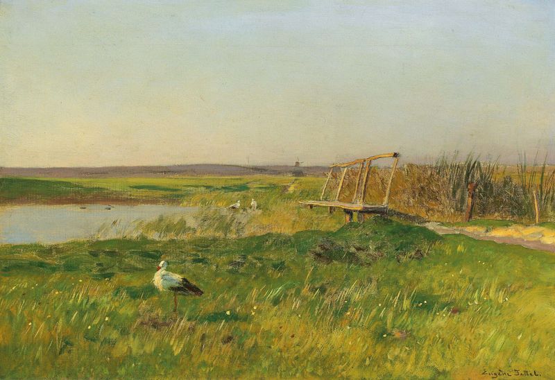 Realism oil painting by Eugen Jettel depicting storks by a pond