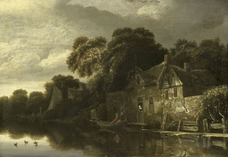 Vieja Cabaña en el Agua de Michiel van Vries, pintura al óleo que muestra una cabaña junto al agua