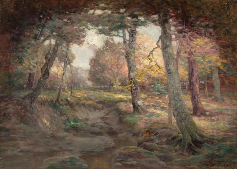 Paisagem de uma densa floresta com folhagem intrincada de John Semon, pintura a óleo