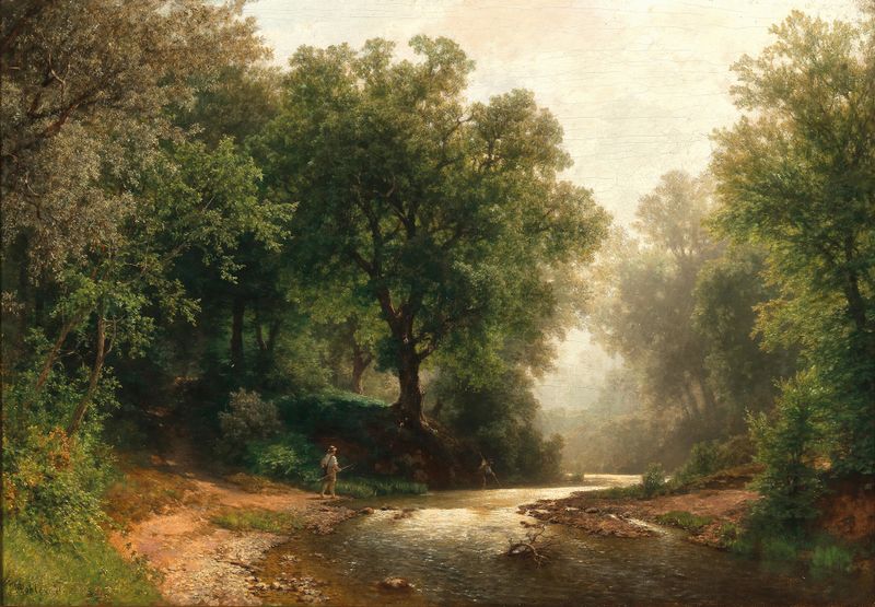 Um pescador à beira de um riacho de montanha, óleo sobre tela de Hermann Pohle
