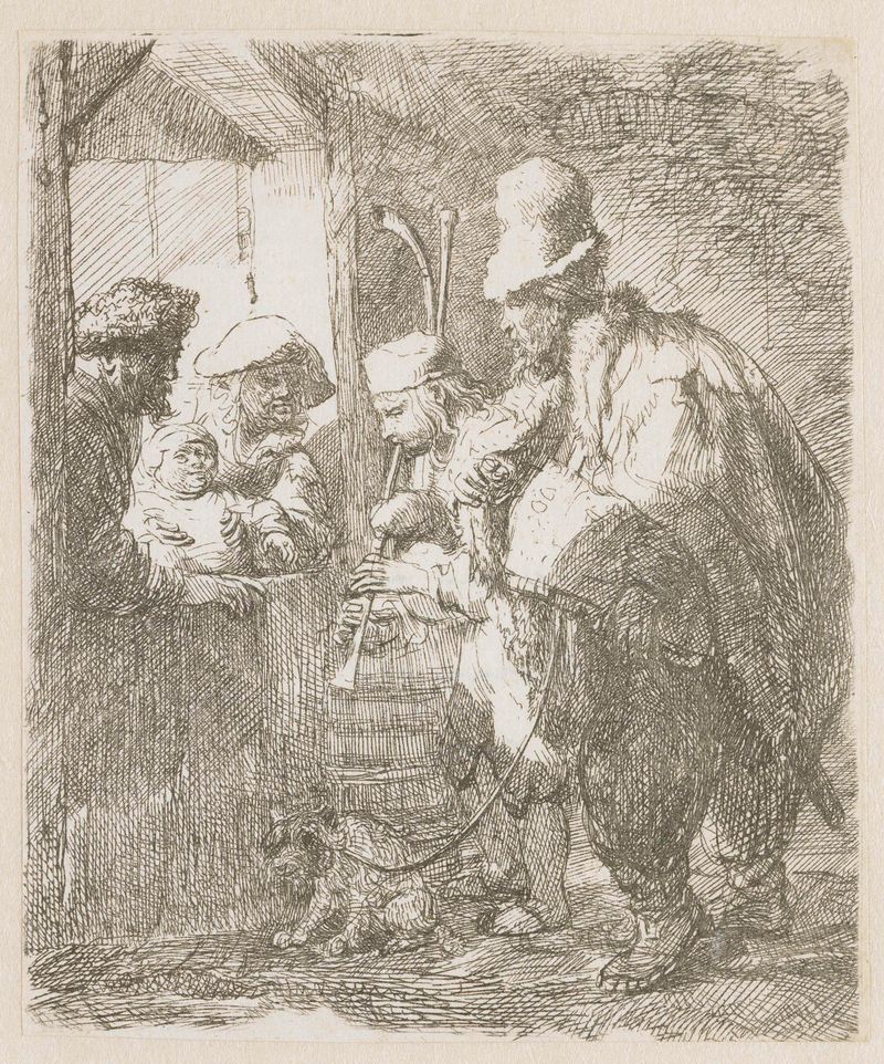 Los Músicos Callejeros de Rembrandt van Rijn, pintura al óleo que muestra músicos con luz dorada.