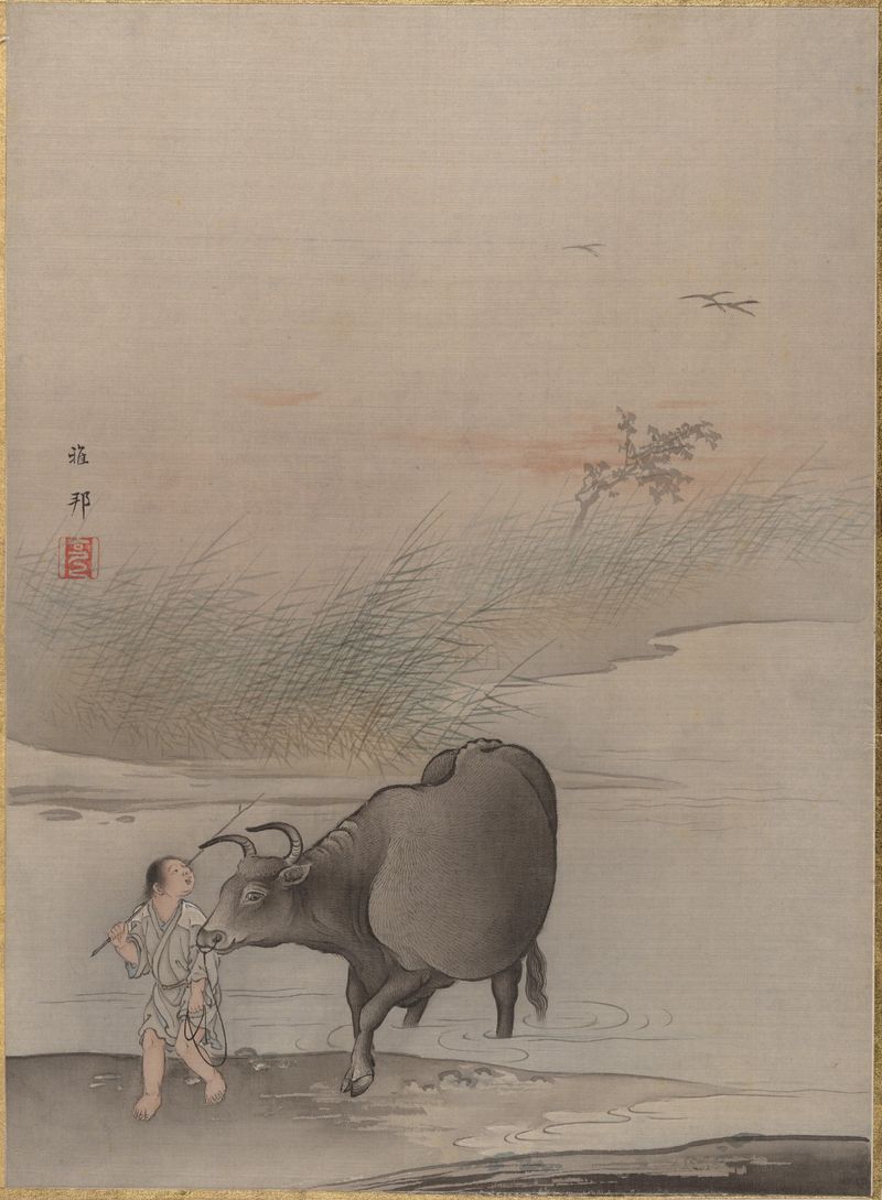 Boy with cow by the river, ink on silk by Hashimoto Gahō