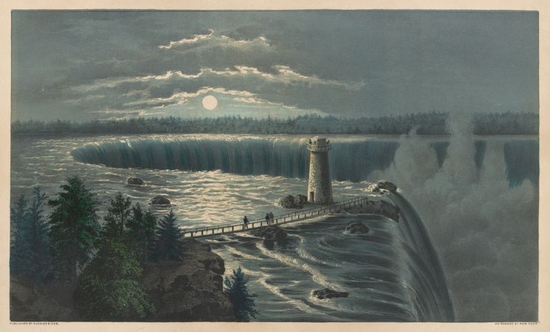 Niagara Falls, de Goat Island por Currier & Ives, retratando uma cena vibrante de cachoeira.