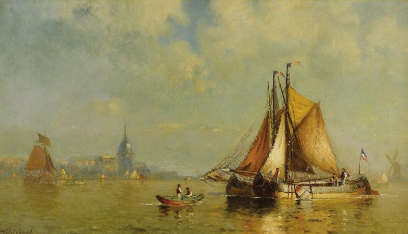 Oil painting by Walter Franklin Lansil depicting boats in Dordrecht Harbor, Holland.