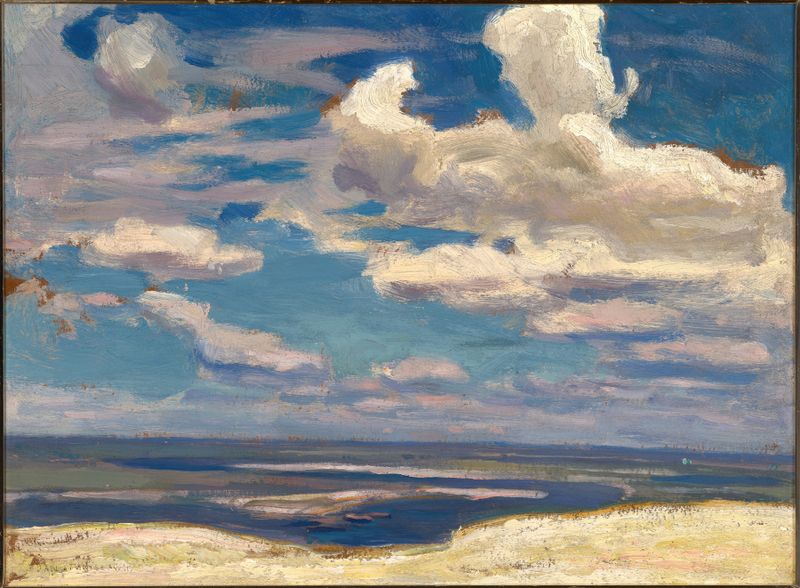 Nube sobre el río Dniéper de Jan Stanisławski, óleo que muestra un río y cielo.