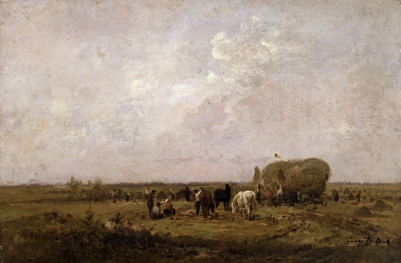 Haymaking by César De Cock, oil on canvas depicting laborers working in a summer landscape