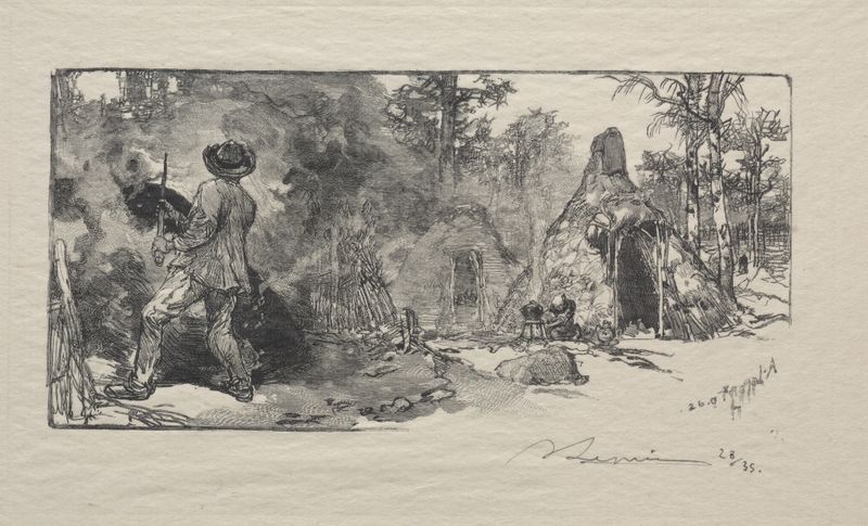 Engraving by Auguste Louis Lepère depicting charcoal burners at dusk