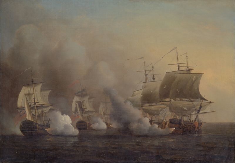 Action off the Cape of Good Hope by Samuel Scott, oil on canvas depicting a naval battle with stormy skies.