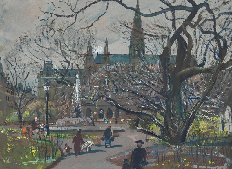 Cena de primavera com Rathaus de Oskar Laske, impressionismo
