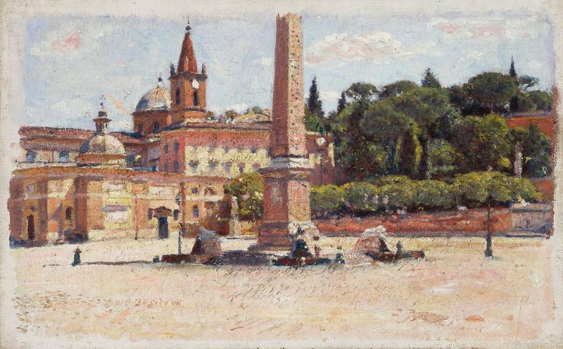 Boceto en acuarela de la Piazza del Popolo en Roma por Aleksander Gierymski
