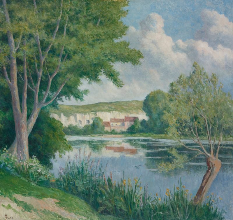 Bord De Seine de Maximilien Luce, que representa un paisaje de río tranquilo en un medio desconocido.