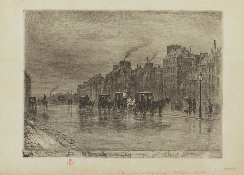 Winter Morning on the Quay of the Hôtel Dieu etching by Félix Hilaire Buhot