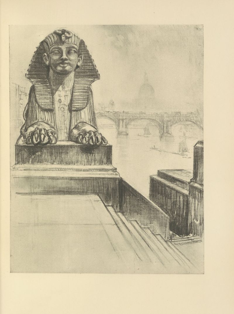 The Sphinx de Joseph Pennell, tinta sobre papel, apresentando arquitetura antiga e luz dourada.