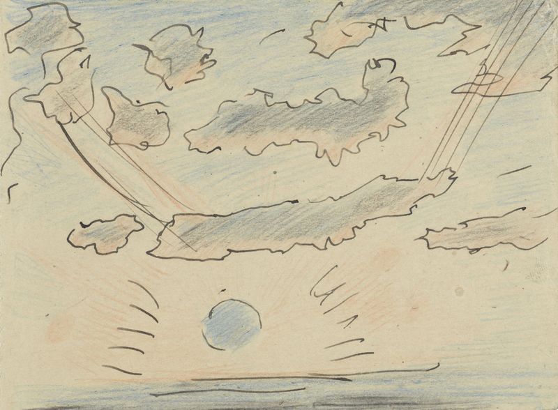 Wolkenstudie met zon by Adolf le Comte, oil on canvas depicting clouds and light