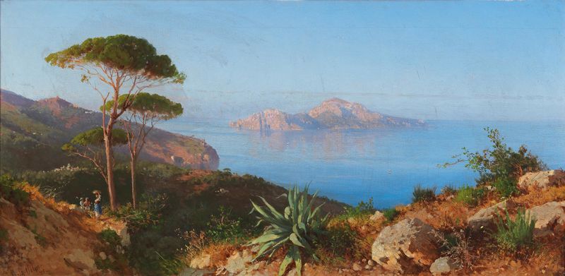 Marine scene of Capri by Alessandro La Volpe, oil painting depicting azure waters and cliffs.