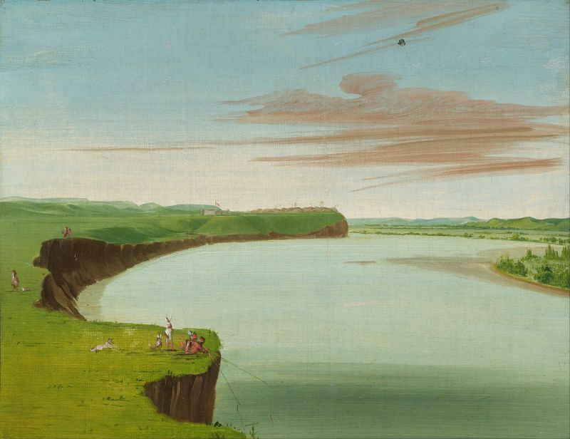 Distant View of the Mandan Village by George Catlin, oil painting of a landscape with hills and sky.