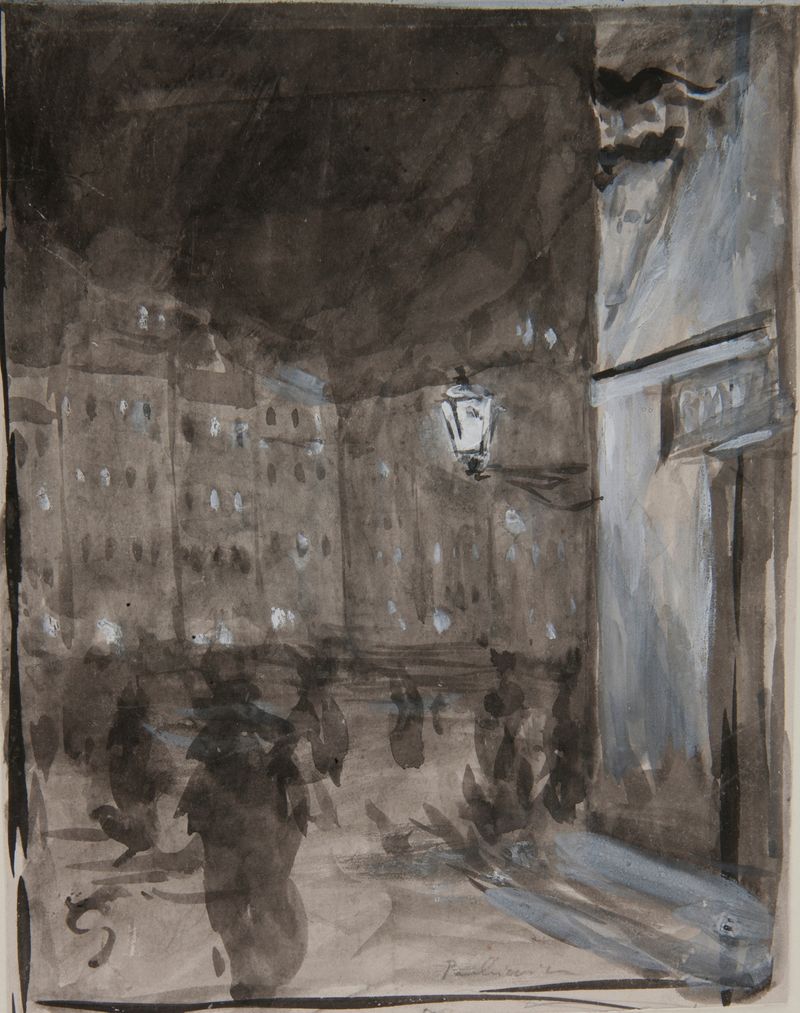 Plaza del Mercado Viejo en Varsovia de noche, óleo de Józef Pankiewicz