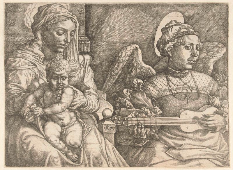 The Virgin and Child with an Angel Making Music, etching by Jan Cornelisz Vermeyen