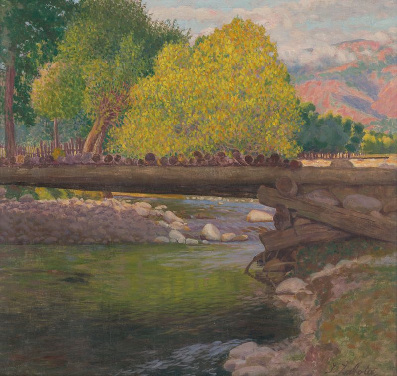 Vaški most by Ivan Žabota, oil on canvas depicting a serene landscape with a bridge over a river.