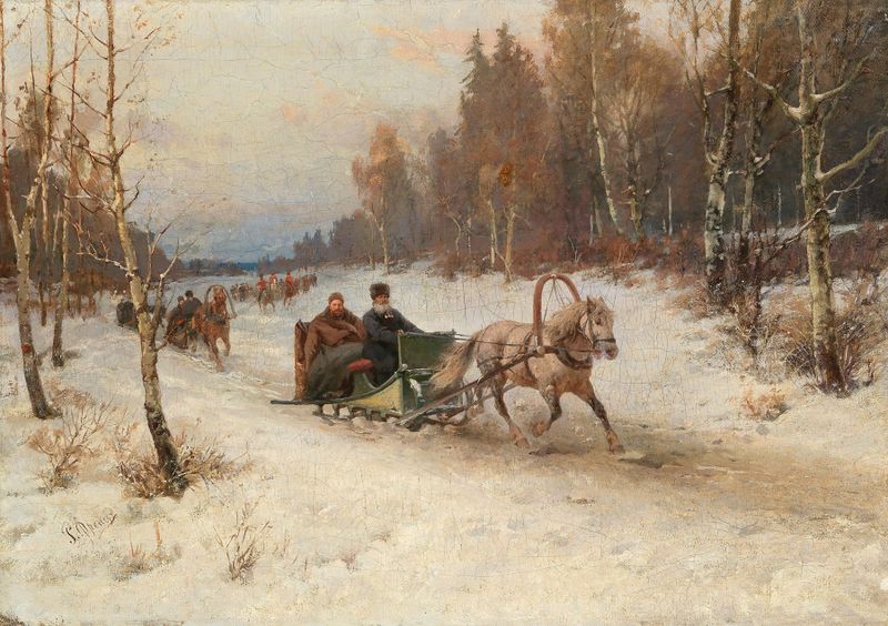 Sleigh Ride in Winter de Rudolf Fedorovich Frentz, óleo sobre lienzo, representando un trineo en la nieve.