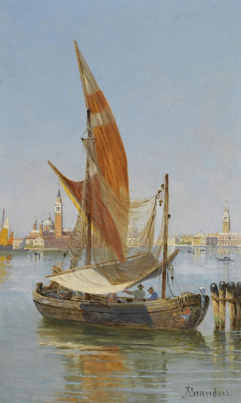 Barcos de pesca na lagoa, Veneza de Antonietta Brandeis, óleo sobre tela