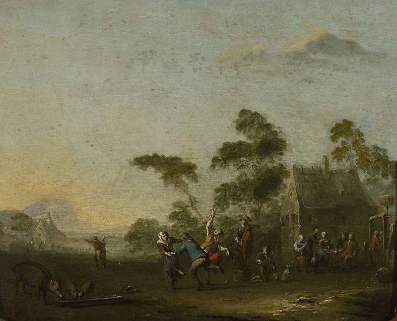 Genre scene depicting villagers celebrating in a countryside landscape, oil painting by Norbert Joseph Carl Grund.
