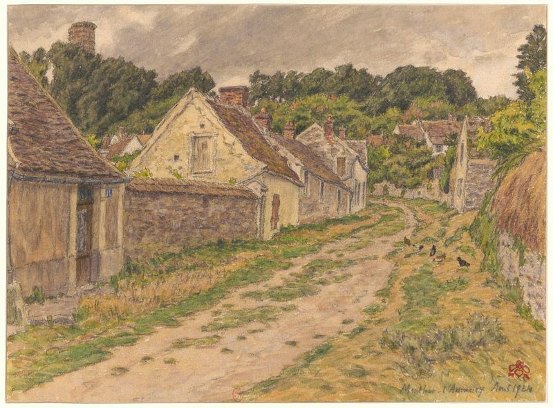 Paisaje postimpresionista de Henri Rivière, 1924, que representa colinas y un camino sinuoso.