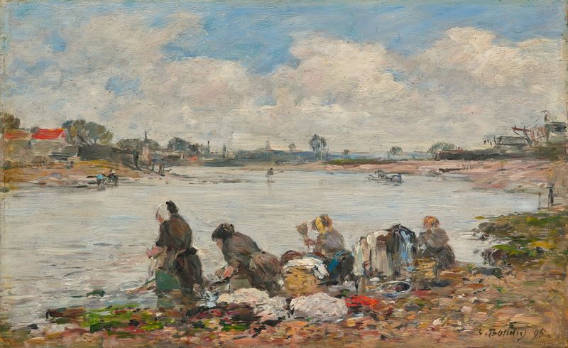 Laveuses au bord de la Touques, óleo sobre lienzo de Eugène Boudin que muestra a las lavanderas junto al río.