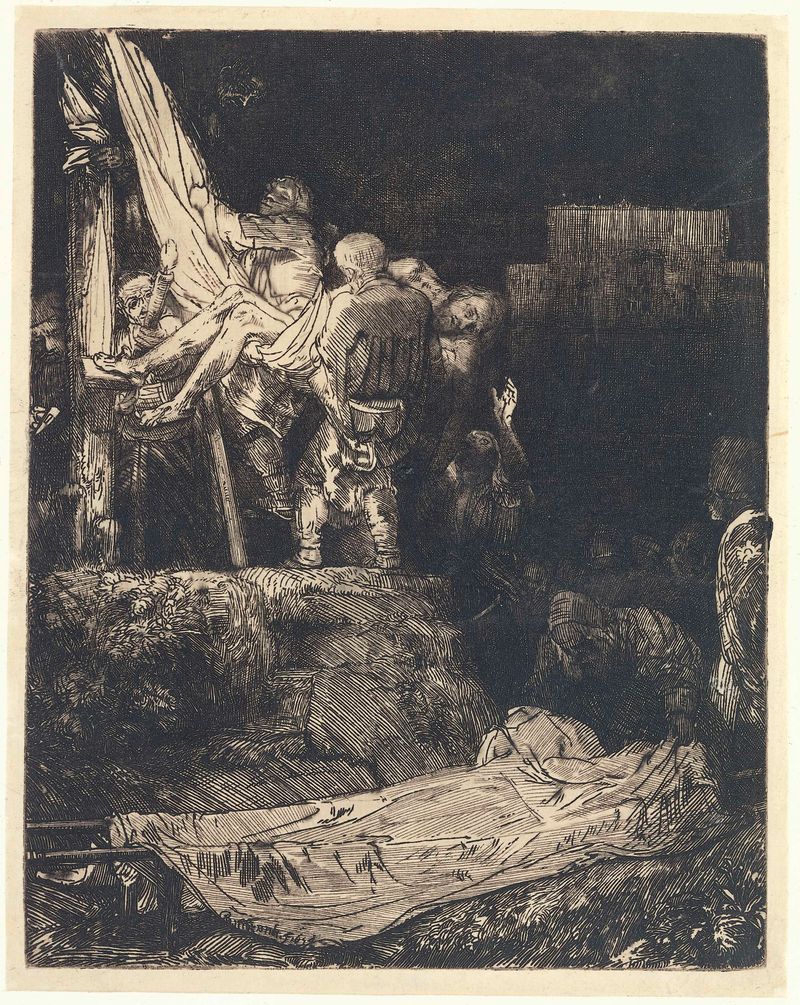 Gravura de Rembrandt van Rijn mostrando o corpo de Cristo sendo retirado da cruz à noite.