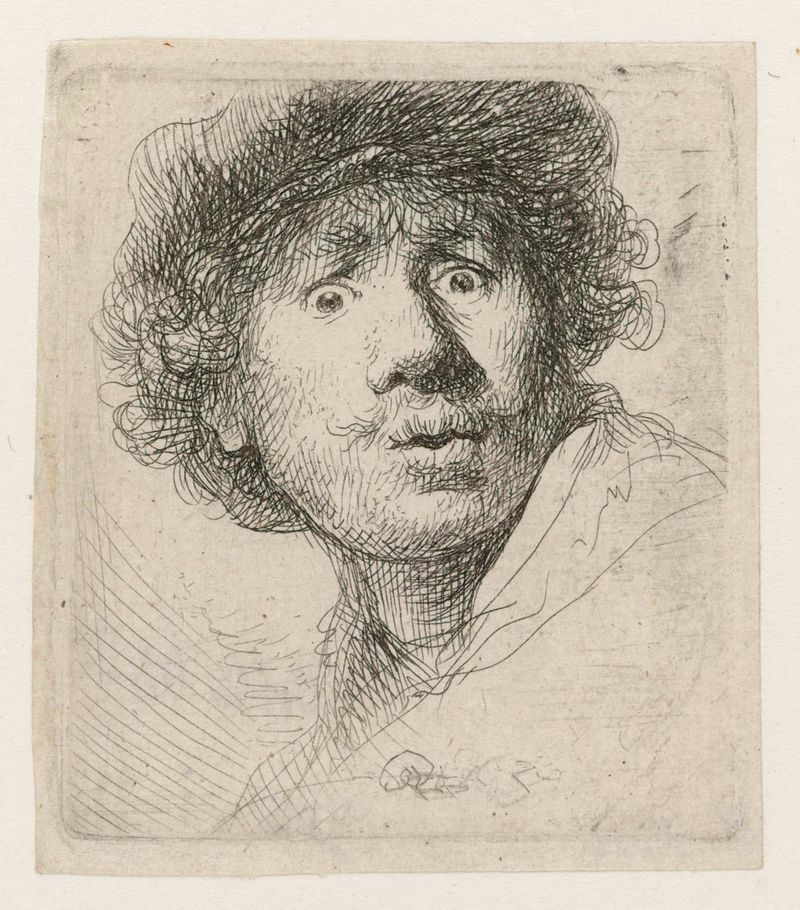 Autorretrato en un gorro, ojos abiertos y boca abierta, grabado de Rembrandt van Rijn